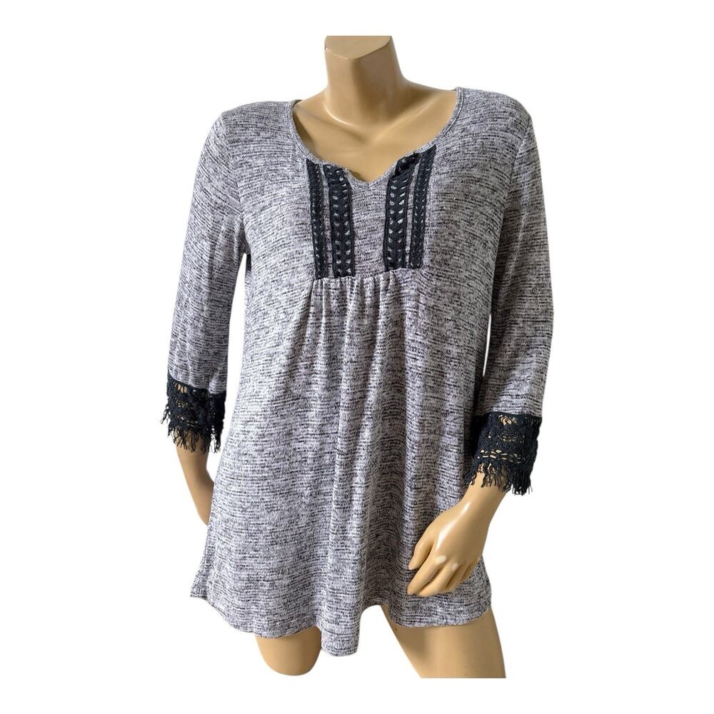 One World Tunic Top Womens L Gray Black Crochet Lace 3/4 Sleeve Sweater Knit